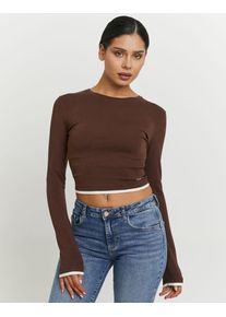 Langarmshirt Tally Weijl "STSCOCUFFA", Damen, Gr. XS, rocky road, Jersey, Obermaterial: 50% Baumwolle, 45% Modal, 5% Elasthan, figurbetont normal, Rundhals, Shirts Langarmshirt, Baumwollmischung, Basic Shirt, bauchfrei