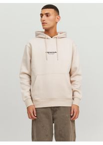 Jack & Jones Kapuzensweatshirt JACK & JONES "JORVESTERBRO SWEAT HOOD NOOS", Herren, Gr. S, wei&szlig; (moonbeam), angeraute Sweatware, Obermaterial: 70% Baumwolle, 30% Polyester, bedruckt, relaxed fit, Rundhals, Rippb&uuml;ndchen, Sweatshirts Kapuzensweatshirt