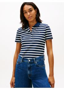 Poloshirt Tommy Hilfiger "1985 Slim Fit Pique Premium", Damen, Gr. L (40), blau (schwarz night navy, ecru), Piqu&eacute;, Obermaterial: 95% Baumwolle, 5% Elasthan, gestreift, slim fit h&uuml;ftlang, abgesteppt, Shirts Poloshirt, mit Logostickerei, mit Seitenschlitzen