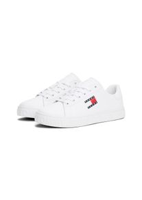 Plateausneaker Tommy Jeans "TJW LOGO OUTSOLE SNEAKER ESS", Damen, Gr. 35, wei&szlig;, Leder, Lederimitat, Schuhe Plateausneaker, Freizeitschuh, Halbschuh, Schn&uuml;rschuh mit seitlicher Logoflagge