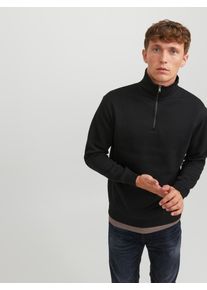 Jack & Jones Sweatshirt JACK & JONES "JJEBRADLEY SWEAT HALF ZIP NOOS", Herren, Gr. S, schwarz, angeraute Sweatware, Obermaterial: 61% Polyester, 39% Baumwolle, unifarben, relaxed fit normal, ohne Ausschnitt, Rippb&uuml;ndchen, Sweatshirts Sweatshirt, Materialmix, relaxed fit
