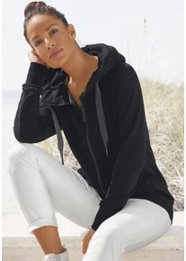 Kapuzensweatjacke ELBSAND "Kria", Damen, Gr. S (36), schwarz, Sweatware, Obermaterial: 95% Baumwolle, 5% Elasthan, unifarben, figurumspielend h&uuml;ftlang, angesetztes B&uuml;ndchen, Sweatjacken Kapuzensweatjacke, mit Logodruck hinten, l&auml;ssige Freizeitjacke mit Taschen, Topseller