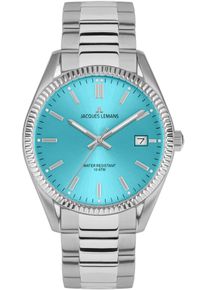 Quarzuhr Jacques Lemans "Derby", silber (silberfarben, hellblau), Armbanduhren, Damen, Quarzuhr, Armbanduhr, Damenuhr, Datum, Leuchtzeiger, Edelstahlarmband
