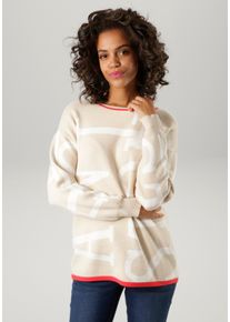 Strickpullover Aniston CASUAL, Damen, Gr. 34, beige (beige, wollwei&szlig;, rot), Strick, Obermaterial: 50% Viskose, 26% Polyamid, 24% Polyester, Jacquardmuster, gemustert, figurumspielend h&uuml;ftbedeckend, Rundhals, Rippstrickb&uuml;ndchen, Pullover Strickpullover, mit eingestrickten Aniston-Schriftz&uuml;gen, Topseller
