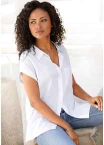 Hemdbluse Lascana, Damen, Gr. 40/42, wei&szlig;, Web, Obermaterial: 58% Viskose, 28% Baumwolle, 14% Leinen, unifarben, figurumspielend h&uuml;ftlang, ohne Ausschnitt, mit Umschlag, Blusen Hemdbluse, aus Leinenmix mit Knopfleiste, Kurzarmbluse, Leinenbluse, Topseller
