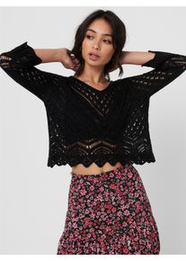 Jacqueline de Yong Strickpullover JDY "JDYNEW SUN 3/4 CROPPED PULLOVER KNT NOOS", Damen, Gr. S, schwarz, Strick, Obermaterial: 100% Polyacryl, unifarben, regular fit kurz, V-Ausschnitt, gewellter Abschluss, Pullover Strickpullover