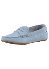 Slipper Tommy Hilfiger "FLAG SOFT SUEDE DRIVER LOAFER", Damen, Gr. 37, blau (hellblau), Veloursleder, unifarben, Schuhe Slipper, Schlupfschuh, Bequemschuh, Mokassin, Flats mit modischen Zierriegel