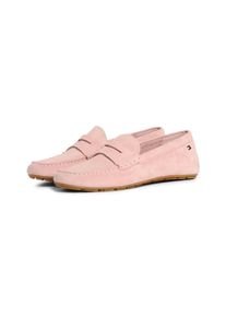 Slipper Tommy Hilfiger "FLAG SOFT SUEDE DRIVER LOAFER", Damen, Gr. 42, rosa, Veloursleder, unifarben, Schuhe Slipper, Schlupfschuh, Bequemschuh, Mokassin, Flats mit modischen Zierriegel
