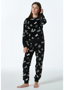 Schlafanzug Schiesser "Nightwear", M&auml;dchen, Gr. 140, schwarz, Obermaterial: 75% Baumwolle, 25% Polyester, gemustert, bequem lang, Rundhals, angesetztes B&uuml;ndchen, Homewear-Sets Schlafanzug, mit Allover-Print