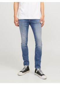 Jack & Jones Slim-fit-Jeans JACK & JONES "JJIGLENN &ndash; Jeans mit Stretch, niedriger Leibh&ouml;he und Taschen", Herren, Gr. 28, L&auml;nge 32, blau (mid blau denim), Denim/Jeans, Obermaterial: 70% Baumwolle, 28% Polyester, 2% Elasthan, Abriebeffekte, slim fit kn&ouml;chellang, Jeans Slim-fit-Jeans, Baumwollmischung, slim fit