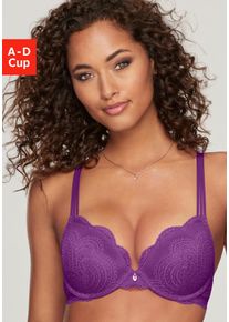 Push-up-BH Lascana "Kira", Damen, Gr. 75, Cup C, lila, Spitze, Obermaterial: 50% Polyamid, 43% Polyester, 7% Elasthan, BHs Push-up-BH, mit extravagantem B&auml;nderdetail an den Tr&auml;gern, Dessous
