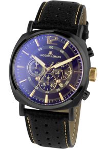 Chronograph Jacques Lemans "Lugano", schwarz (schwarz, schwarz), Armbanduhren, Damen, Chronograph, Quarzuhr, Armbanduhr, Herrenuhr, Datum, Stoppfunktion, Lederarmband
