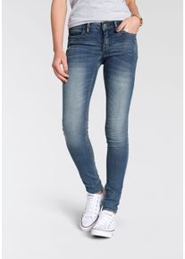 Skinny-fit-Jeans Arizona "mit Keileins&auml;tzen", Damen, Gr. 46, N-Gr, blau (mid blau use), Denim/Jeans, Obermaterial: 76% Baumwolle, 16% Polyester, 7% Viskose, 1% Elasthan, Basic, skinny fit lang, Jeans Skinny-fit-Jeans, extra-enger Beinschnitt, niedrige Leibh&ouml;he, Topseller