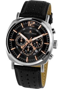 Chronograph Jacques Lemans "Lugano", schwarz (schwarz, schwarzfarben), Armbanduhren, Damen, Chronograph, Quarzuhr, Armbanduhr, Herrenuhr, Datum, Stoppfunktion, Lederarmband