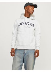 Jack & Jones Kapuzensweatshirt JACK & JONES "JJECALEB VARSITY SWEAT HOOD NOOS", Herren, Gr. XS, grau (wei&szlig; melange), angeraute Sweatware, Obermaterial: 70% Baumwolle, 30% Polyester, bedruckt, loose fit, Rundhals, B&uuml;ndchen, Sweatshirts Kapuzensweatshirt