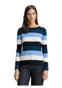 Strickpullover Tom Tailor "Otto", Damen, Gr. XXXL(46), big teal knit stripe, Strick, Obermaterial: 60% Baumwolle, 40% Viskose, gestreift, regular fit normal, Rundhals, Rollkante, Pullover Strickpullover, mit Viskose