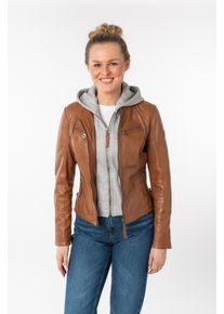 Lederjacke Mauritius "NOLA", Damen, Gr. 3XL/46, braun (cognac), Obermaterial: 100% Schafsleder. Futter: 100% Baumwolle. Kapuze: 55% Polyester, 45% Baumwolle. &Auml;rmelfutter: 100% Polyester, kontrastfarbene Details, sehr figurbetont kurz, Rundhals, 2-Naht-&Auml;rmel mit Rei&szlig;verschluss, Jacken Lederjacke, Two-in-One Style - mit abnehmbarer Jersey-Kapuze, Topseller