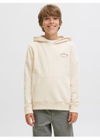 Jack & Jones Kapuzensweatshirt JACK & JONES JUNIOR "JJEBRANDES BACKP RELAXED SWEAT H SN JNR", Jungen, Gr. 164, wei&szlig; (antique wei&szlig;), angeraute Sweatware, Obermaterial: 60% Baumwolle, 40% Polyester, bedruckt, relaxed fit normal, Rundhals, Rippb&uuml;ndchen, Sweatshirts Kapuzensweatshirt, Baumwollmischung, relaxed fit