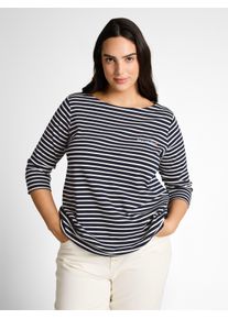 T-Shirt Tom Tailor PLUS, Damen, Gr. 48, navy blau sanftes wei&szlig; stripe, Single Jersey, Obermaterial: 97% Baumwolle, 3% Elasthan, bedruckt, gestreift, regular fit normal, U-Boot-Ausschnitt, gerader Abschluss, Shirts T-Shirt, mit Schriftzug