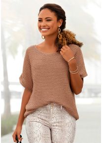 Kurzarmpullover Lascana, Damen, Gr. 32/34, braun (camelfarben), Strick, Obermaterial: 100% Polyacryl, unifarben, figurumspielend h&uuml;ftlang, Rundhals, Pullover Kurzarmpullover, in luftigem Ajourstrick, Strickpullover, sommerlich, Topseller