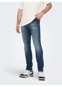 Only & Sons Slim-fit-Jeans ONLY & SONS "OS ONSLOOM SLIM BLUE GREY 40", Herren, Gr. 29, L&auml;nge 34, blau (schwarz medium blau denim), Denim/Jeans, Obermaterial: 92% Baumwolle, 6% Polyester, 2% Elasthan, Abriebeffekte, slim fit, Jeans Slim-fit-Jeans, mit Destroyed Effekt