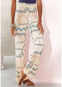 Pyjamahose Lascana, Damen, Gr. 44/46, N-Gr, beige (beige, allover), Single Jersey, Obermaterial: 95% Viskose, 5% Elasthan, bedruckt, gemustert, Basic, bequem lang, Hosen Pyjamahose, mit grafischem Zick-Zack Muster