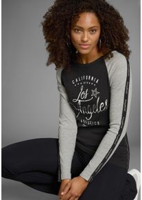 Longsleeve Kangaroos, Damen, Gr. 36/38, grau (schwarz, grau, meliert), Rippware, Obermaterial: 100% Baumwolle. &Auml;rmel: 95% Baumwolle, 5% Viskose, bedruckt, meliert, metallic, unifarben, sehr figurbetont h&uuml;ftbedeckend, Rundhals, Raglan&auml;rmel kontrastfarben, Shirts Longsleeve, Langarm, sehr figurbetonte Passform, mit gl&auml;nzendem Metallic-Druck