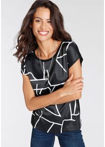 Shirtbluse Laura Scott, Damen, Gr. 40, schwarz-wei&szlig; (schwarz, wei&szlig;, gemustert), Single Jersey, Obermaterial: 100% Polyester. R&uuml;ckenteil: 95% Viskose, 5% Elasthan, gemustert, figurumspielend h&uuml;ftbedeckend, Rundhals, angeschnitten, Blusen Shirtbluse, gemustert und gestreift, femininer Stil, Rundhalsausschnitt, Topseller