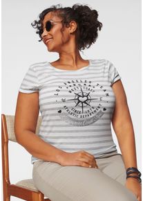 Print-Shirt Kangaroos, Damen, Gr. 48/50, wei&szlig; (grau, wei&szlig;, gestreift), Single Jersey, Obermaterial: 68% Baumwolle, 30% Modal, 2% Viskose, bedruckt, gestreift, meliert, figurbetont h&uuml;ftlang, Rundhals, mit Aufschlag, Shirts Print-Shirt, Kurzarm, figurbetonter Schnitt, mit Metallic-Print, Topseller