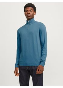 Jack & Jones Troyer JACK & JONES "JJEEMIL KNIT HALF ZIP NOOS", Herren, Gr. S, blau (oceanview), Strick, Obermaterial: 60% Baumwolle, 20% Nylon, 20% Viskose, unifarben, regular fit normal, Rundhals, Rippb&uuml;ndchen, Pullover Troyer, Baumwollmischung, regular fit