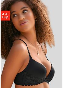 Push-up-BH Lascana, Damen, Gr. 75, Cup C, schwarz, Microtouch, Obermaterial: 60% Polyamid, 35% Polyester, 5% Elasthan, BHs Push-up-BH, ohne B&uuml;gel, mit extra flachen Kanten und feiner Spitze, Dessous, Topseller