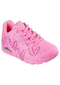 Wedgesneaker Skechers "UNO-SPREAD THE LOVE", Damen, Gr. 36, rosa (rosa, pink), Lederimitat, kontrastfarbene Details, Schuhe Wedgesneaker, Freizeitschuh, Halbschuh, Schn&uuml;rschuh mit coolem Graffiti-Print