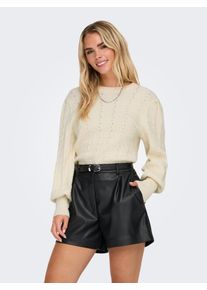Rundhalspullover Only "ONLKATIA LS STRUC PUFF ONECK CC KNT", Damen, Gr. XL, beige (wei&szlig;cap gray detail:with melange), Strick, Obermaterial: 50% Viskose, 27% Nylon, 23% Polyester, meliert, regular fit kurz, Rundhals, Rippb&uuml;ndchen, Pullover Rundhalspullover, Materialmix, regular fit