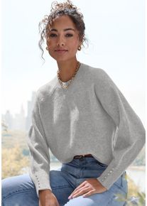 Rundhalspullover Lascana, Damen, Gr. 44/46, grau (grau meliert), Strick, Obermaterial: 52% Polyester, 44% Polyacryl, 4% Elasthan, meliert, figurumspielend h&uuml;ftlang, Rundhals, mit Kn&ouml;pfen, Pullover Rundhalspullover, mit Zierkn&ouml;pfen, Winterpullover, kuscheliges Basic