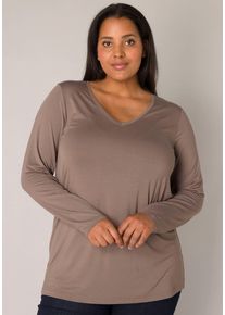 Langarmshirt Base Level Curvy, Damen, Gr. 50, grau (schwarz taupe), Jersey, Obermaterial: 96% Viskose, 4% Elasthan, unifarben, regular fit h&uuml;ftbedeckend, V-Ausschnitt, Shirts Langarmshirt, mit V-Ausschnitt