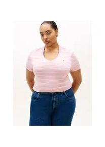 V-Shirt Tommy Hilfiger Curve "CRV SLIM CODY V-NK SS", Damen, Gr. 50, fine stp pink, ecru, Single Jersey, Obermaterial: 100% Baumwolle, gestreift, slim fit normal, V-Ausschnitt, abgerundeter Saum, Shirts, in gro&szlig;en Gr&ouml;&szlig;en