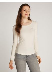 Langarmshirt Tommy Hilfiger "SLIM 5X2 RIB O-NK LS", Damen, Gr. XL (42), beige (calico), Rippware, Obermaterial: 95% Viskose, 5% Elasthan, unifarben, Basic, figurbetont h&uuml;ftlang, U-Boot-Ausschnitt, abgesteppt, Shirts Langarmshirt, mit Struktur