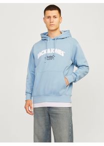 Jack & Jones Kapuzensweatshirt JACK & JONES "JORBRONX ARCH BIG SWEAT HOOD", Herren, Gr. S, blau (mountain spring), angeraute Sweatware, Obermaterial: 60% Baumwolle, 40% Polyester, bedruckt, normal, Rippb&uuml;ndchen, Sweatshirts Kapuzensweatshirt