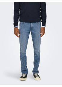 Only & Sons Slim-fit-Jeans ONLY & SONS "ONSLOOM SLIM LBD 8263 AZG DNM NOOS", Herren, Gr. 28, L&auml;nge 32, blau (light blau denim), Denim/Jeans, Obermaterial: 50% Baumwolle, 30% Polyester, 18% Viskose, 2% Elasthan, Abriebeffekte, schmal kn&ouml;chellang, Jeans Slim-fit-Jeans