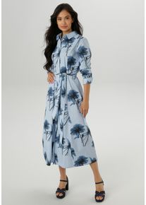 Blusenkleid Aniston SELECTED, Damen, Gr. 36, N-Gr, hellbau, wei&szlig;, dunkelblau, Web, Obermaterial: 100% Baumwolle, gebl&uuml;mt, gemustert, gestreift, figurumspielend wadenlang, 1-Knopf-Manschette, Kleider Blusenkleid, mit fantasievollem Blumendruck, Topseller