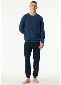 Schlafanzug Schiesser "Comfort Essentials", Herren, Gr. 48, atlantikblau, Single Jersey, Obermaterial: 100% Baumwolle, bequem lang, Rundhals, Homewear-Sets Schlafanzug, mit angenehmen B&uuml;ndchen