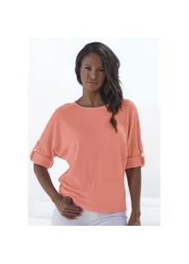 2-in-1-Shirt Vivance "zum Krempeln", Damen, Gr. 40/42, orange (peach), Cr&ecirc;pe, Obermaterial: 98% Polyester, 2% Elasthan, unifarben, l&auml;ssig geschnitten normal, Rundhals, mit Riegel, Shirts 2-in-1 Shirt, aus b&uuml;gelfreier Cr&ecirc;pe-Qualit&auml;t