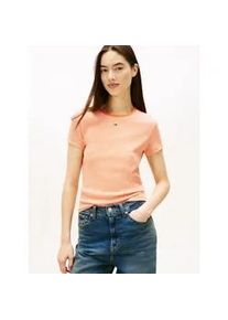 Tommy Hilfiger Kurzarmshirt TOMMY JEANS "TJW SLIM ESSENTIAL RIB SS EXT", Damen, Gr. L (40), orange, ecru stripe, Single Jersey, Obermaterial: 95% Baumwolle, 5% Elasthan, gestreift, slim fit kurz, Rundhals, abgesteppt, Shirts, Baumwollmischung, slim fit, figurbetont, in gerippter Struktur