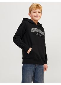 Jack & Jones Kapuzensweatshirt JACK & JONES JUNIOR "JJECALEB VARSITY SWEAT HOOD NOOS JNR", Jungen, Gr. 128, schwarz (schwarz fit:loose), angeraute Sweatware, Obermaterial: 70% Baumwolle, 30% Polyester, bedruckt, relaxed fit, Rippb&uuml;ndchen, Sweatshirts Kapuzensweatshirt