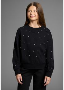 Sweatshirt Bruno Banani "Kurzgeschnittenes Sweatshirt mit Strass-Steinen", M&auml;dchen, Gr. 140/146, schwarz, angeraute Sweatware, Obermaterial: 100% Baumwolle, Glitzermuster, Basic h&uuml;ftlang, Rundhals, Rippb&uuml;ndchen, Sweatshirts Sweatshirt, F&uuml;r TEENS. Trendiges Shirt mit Strass-Steinen