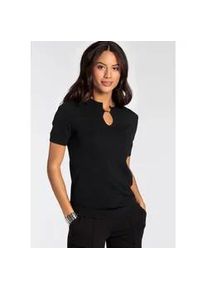 Kurzarmpullover Bruno Banani, Damen, Gr. 34, schwarz, Feinstrick, Obermaterial: 70% Viskose, 30% Polyamid, clean, unifarben, figurbetont h&uuml;ftbedeckend, Rippb&uuml;ndchen, Pullover, mit modischem Cut-Out und Schmuck-Detail