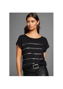 T-Shirt Laura Scott, Damen, Gr. 36, schwarz, Single Jersey, Obermaterial: 95% Viskose, 5% Elasthan, Glitzerstreifen, gestreift, unifarben, figurumspielend h&uuml;ftlang, Rundhals, angeschnitten, Shirts T-Shirt, figurumspielende Passform, Rundhalsausschnitt, Topseller