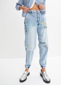 bonprix Barrel-Jeans Mid Waist Bequembund, blau, Gr.42, L&auml;ssige Barrel Jeans mit sommerlichem Print, 82% Baumwolle