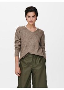 V-Ausschnitt-Pullover Only "ONLCAMILLA V-NECK L/S PULLOVER KNT NOOS", Damen, Gr. S, braun (caribou detail:melange), Strick, Obermaterial: 74% Polyacryl, 24% Polyester, 2% Elasthan, meliert, regular fit normal, V-Ausschnitt, Strickb&uuml;ndchen, Pullover V-Ausschnitt-Pullover, Materialmix, regular fit