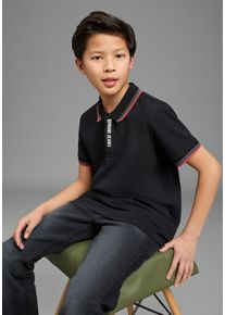 Poloshirt Bruno Banani "Piqu&eacute;-Shirt mit Logo-Print f&uuml;r Jungen", Jungen, Gr. 128/134, schwarz, Piqu&eacute;, Obermaterial: 95% Baumwolle, 5% Elasthan, bedruckt, Basic, Rippb&uuml;ndchen, Shirts Poloshirt, Basic-Passform, Kurzarm, mit Knopfleiste, mit Logodruck